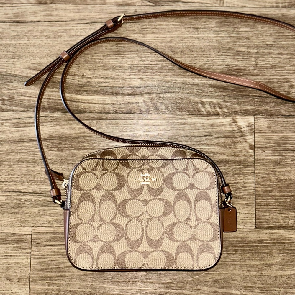 Mini Coach Tan Crossbody Bag with Adjustable Strap and Signature Design
